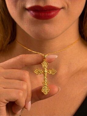 Gold Cross Necklace Floral Ornate Vintage Style Christian Pendant Adjustable